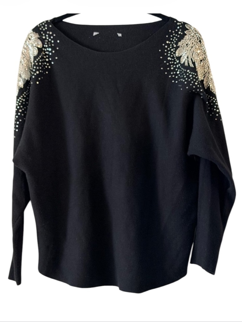 Chic Black Silver Beaded Embellished Shoulder Sweater Size S